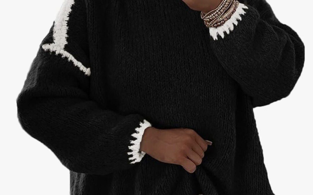 Oversized Long Sleeve Chunky Knit Crew Neck Contrast Stitching Pullover – $19.79